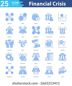 Conjunto de iconos de crisis financiera Ilustración vectorial blockchain, burbuja, económico, banco, volatilidad, depresión, calificación, globalización, política monetaria, crisis económica, crisis global, equilibrio, desarrollo