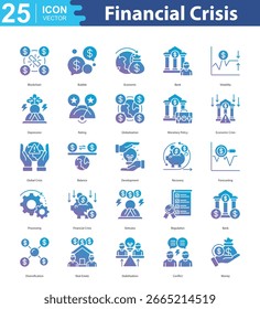 Conjunto de iconos de crisis financiera Ilustración vectorial blockchain, burbuja, económico, banco, volatilidad, depresión, calificación, globalización, política monetaria, crisis económica, crisis global, equilibrio, desarrollo