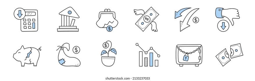 Financial crisis icons. Concept of decrease economy, bankruptcy, poverty. Vector doodle signs with broken piggy bank, cut money, down graph, destroyed bank and safe with lock