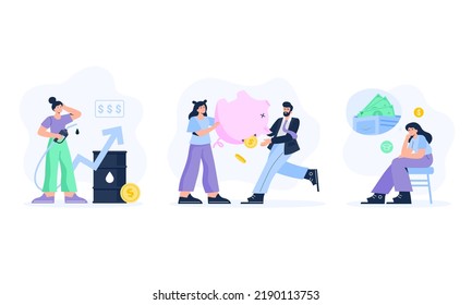 Financial crisis illustrations set. Stressed characters, office workers with economic, investment, and business problems. Increase in fuel prices, losing savings, poverty. Vector illustrations.