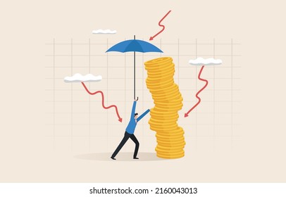 Financial crisis, Income protection, financial coverage, Wealth protection, investment asset allocation portfolio. money coin under umbrella, finance safety.