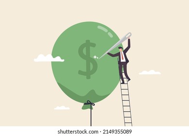 Financial Crisis, Increased inflation, devaluation concept. stop the inflation crisis raise interest rates. Businessman stabbing a financial bubble with a needle.