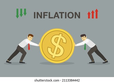 Crisis financiera. La inflación sube o baja. Un empresario o gerente enfadado y aislado que intenta sacar la moneda de oro. Un hombre de negocios o un gerente asustado le devuelven la moneda de oro. Plantilla de ilustración vectorial plana. 