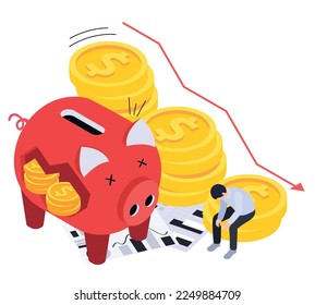 Financial crisis inflation isometric composition with sad broker character down growing coins and damaged piggy bank vector illustration