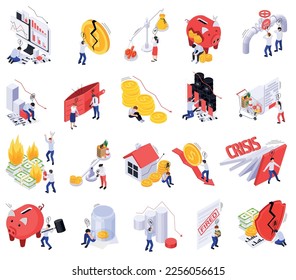 Financial crisis inflation isometric set with isolated icons of business workers holding heads losing money profit vector illustration