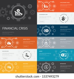financial crisis Infographic 10 line icons banners. budget deficit, Bad loans, Government debt, Refinancing simple icons