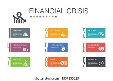 Financial Crisis Infographic 10 Option Line Concept.budget Deficit, Bad Loans, Government Debt, Refinancing Simple Icons