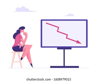 Financial Crisis, Investment Recession on Stock Concept. Businesswoman Looking on Chartboard with Red Arrow Going Down. Thoughtful Business Woman and Falling Chart. Cartoon Flat Vector Illustration