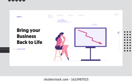 Financial Crisis, Investment Recession on Stock Website Landing Page. Businesswoman Looking on Chartboard with Red Arrow Going Down. Falling Chart Web Page Banner. Cartoon Flat Vector Illustration