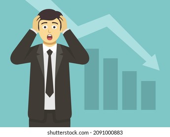 Financial crisis. Isolated scared and shocked businessman or manager holding his head with hands after stock market crashes. Business diagram going down. Flat vector illustration template.