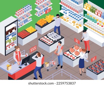 Composición isométrica de crisis financiera con visión interior de tienda de comestibles con gente distraída criticando precios cultivados ilustración vectorial