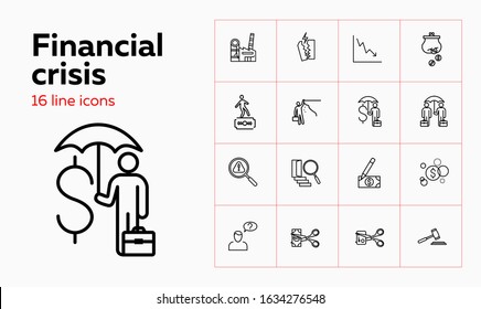 Financial Crisis Line Icon Set. Risk, Insurance, Forgery. Finance Concept. Can Be Used For Topics Like Financial Loss, Crash, Bankruptcy