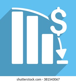 Financial Crisis long shadow vector icon. Style is a white flat symbol on a light-blue square background.