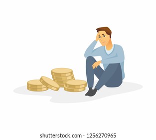 Financial crisis - modern cartoon people character illustration isolated on white background. A composition with a sad man in casual clothes sitting in front of a few coins, thinking over what to do