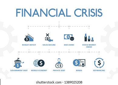 Financial Crisis Modern Concept Template With Simple 2 Colored Icons. Contains Such Icons As Budget Deficit, Bad Loans, Government Debt, Refinancing And More