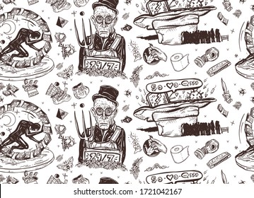 Financial crisis. Old school tattoo art. Beggars. Total lockdown. New World Great Depression. Seamless pattern. Millions of unemployed. Straw hat. Hungry rich man search job. Crash of exchange market 