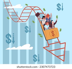 Crisis financiera en las montañas. La bancarrota económica, los hombres de negocios bajan volando en el tráiler de la atracción, la pérdida de dinero, el fracaso de la inversión. Ilustración plana aislada, concepto vectorial actual