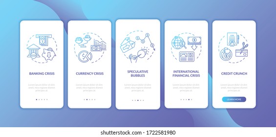 Financial crisis onboarding mobile app page screen with concepts. International economic recession walkthrough five steps graphic instructions. UI vector template with RGB color illustrations