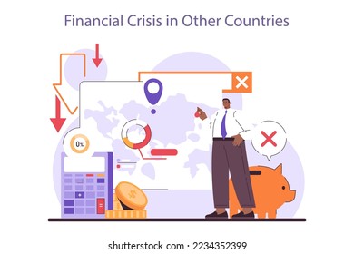 Financial crisis in other countries recession. Significant, widespread, and prolonged economic stagnation caused by global economy connection. Economical activity decline. Flat vector illustration