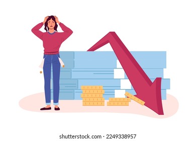 Financial crisis. Poor depressed woman standing near falling arrow and stack of banknotes showing market fall. Company bankruptcy, worker losing money, empty pockets. Crash of economy vector