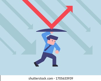 Financial Crisis Protection. Business Man Holding Shield And Prevents Bankruptcy, Protect. Crisis Help Policy To Company. Business Survival Vector Illustration