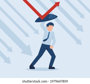 Financial Crisis Protection. Business Man Holding Shield And Prevents Bankruptcy, Protect. Crisis Help Policy To Company. Business Survival Vector Illustration