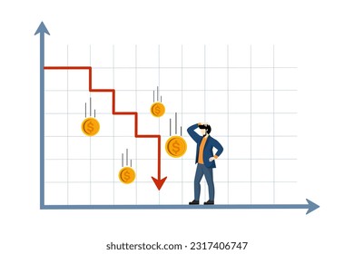 Financial crisis, risky investment strategy, sudden stock market crash, loss of money, devaluation of capital, bad economic situation, Businessman broke due to falling arrow chart. vector illustration