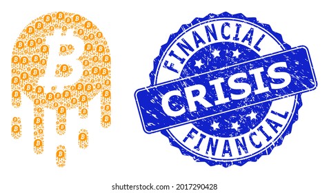 Financial Crisis scratched round seal imitation and vector recursive collage melting bitcoin. Blue seal has Financial Crisis caption inside circle shape.