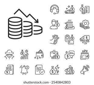 Signo de crisis financiera. Dinero en efectivo, préstamos e iconos de esquema de hipoteca. Icono de línea de pérdida de dinero. Símbolo de bancarrota empresarial. Signo de línea de pérdida de dinero. Tarjeta de crédito, icono de monedero cripto. Vector