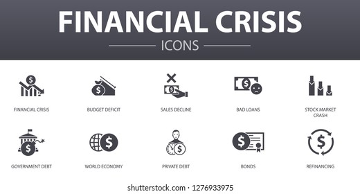 Financial Crisis Simple Concept Icons Set. Contains Such Icons As Budget Deficit, Bad Loans, Government Debt, Refinancing And More, Can Be Used For Web, Logo, UI/UX