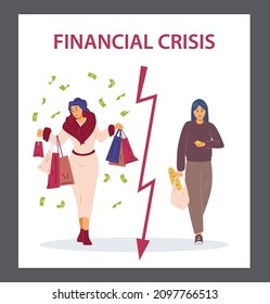 Financial Crisis, Social Imbalance, Inequality In Flat Vector Illustration Isolated On White. Cartoon Characters, Rich Woman In Luxurious Clothes Is Wasting Of Money, Poor Woman Is Counting Last Money