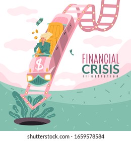 Financial crisis square conceptual illustration. Businesswoman rushes into the abyss on a roller coaster. Dollar bills and cents are flying. The woman screams in fright. Vector