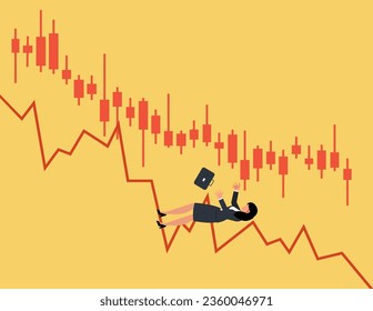 Financial Crisis, Stock market downfall concept. Bankrupt business woman falling down with his stocks crash shares graph.