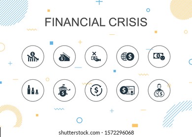 Financial Crisis Trendy Infographic Template. Thin Line Design With Budget Deficit, Bad Loans, Government Debt, Refinancing Icons