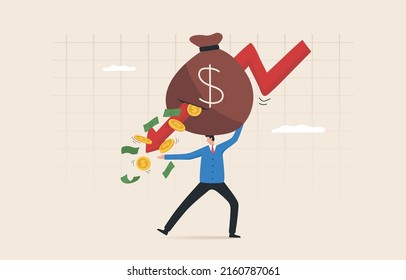 Financial crisis, unexpected stock market drop, money loss, capital devaluation, risky investment strategy, bad economy. Arrow graphs fall down to attack the money bag. 