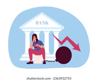 Financial crisis, upset person with debt near bank. Vector of problem with debt, money crisis in economy, person financial illustration
