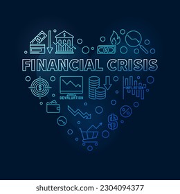 Pancarta moderna azul en forma de corazón del concepto de vector de la crisis financiera. Ilustración de la recesión económica con un fondo oscuro 