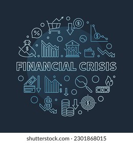 Banner de color redondeado de concepto vector de crisis financiera en estilo de línea. Economía Recesión y pérdida de dinero ilustración azul lineal con fondo oscuro 