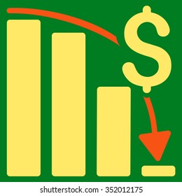 Financial Crisis vector icon. Style is bicolor flat symbol, orange and yellow colors, rounded angles, green background.
