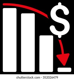 Financial Crisis vector icon. Style is bicolor flat symbol, red and white colors, rounded angles, black background.