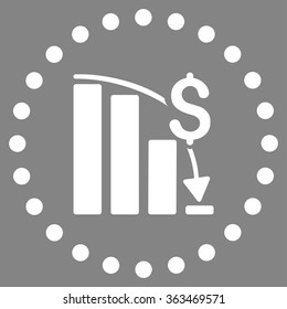 Financial Crisis vector icon. Style is flat circled symbol, white color, rounded angles, gray background.