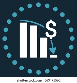 Financial Crisis vector icon. Style is bicolor flat circled symbol, blue and white colors, rounded angles, dark blue background.