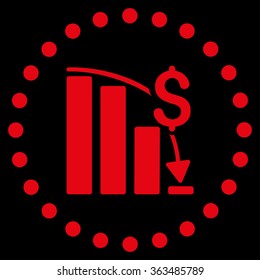 Financial Crisis vector icon. Style is flat circled symbol, red color, rounded angles, black background.