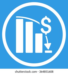 Financial Crisis vector icon. Style is flat circled symbol, white color, rounded angles, blue background.