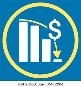 Financial Crisis vector icon. Style is bicolor flat circled symbol, yellow and white colors, rounded angles, blue background.