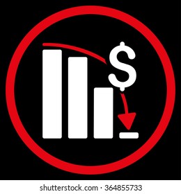 Financial Crisis vector icon. Style is bicolor flat circled symbol, red and white colors, rounded angles, black background.