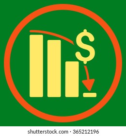 Financial Crisis vector icon. Style is bicolor flat circled symbol, orange and yellow colors, rounded angles, green background.