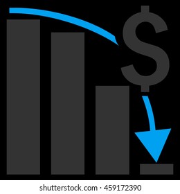 Financial Crisis vector icon. Style is flat symbol, blue color, black background.