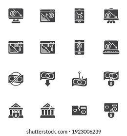 Juego de iconos vectoriales de crisis financiera, colección de símbolos sólidos modernos de problemas de negocios, paquete de pictogramas estilo lleno de bancarrota. Señales, ilustración del logotipo. El juego incluye iconos como pérdida de dinero, tarjeta de crédito
