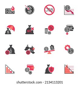 Juego de iconos vectoriales de crisis financiera, colección moderna de símbolos sólidos, paquete de pictogramas estilo relleno. Ilustración del logotipo de firma. El juego incluye íconos como el colapso del mercado de valores, la crisis monetaria, la pérdida de dinero, la recesión